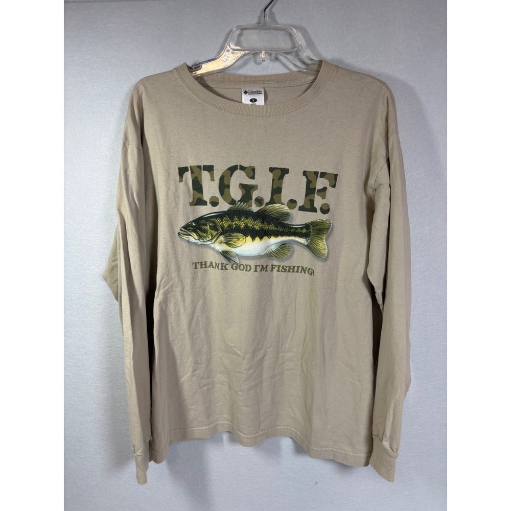 Columbia Mens Long Sleeve Fishing Shirt T.G.I.F. Graphic Tee Tan Khaki Medium